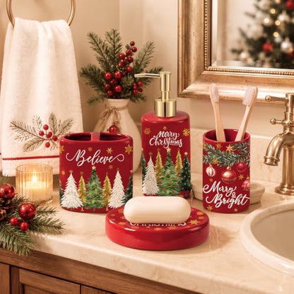 Christmas Ceramic Bathroom Accessories Set - Red Merry Christmas Variation