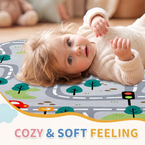 Kids Round Road Track Rug 47x47 Inches - Brown Variation - Car Play Mat for Bedroom & Playroom