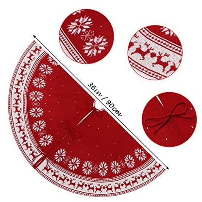 Dremisland 36 Inch Red Christmas Tree Skirt Knitted Holiday Decor with Snowflake & Reindeer