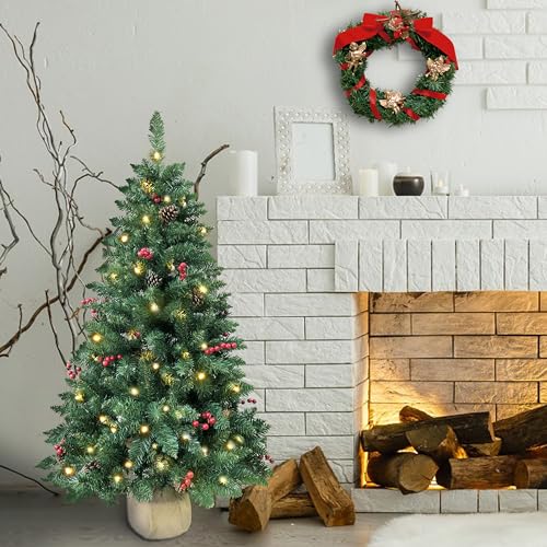 4ft Pre-lit Artificial Christmas Tree with LED Lights, Berries & Pinecones