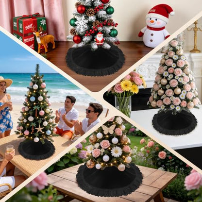18-Inch Velvet Mini Christmas Tree Skirt Tabletop Base Cover Black - Holiday Decor