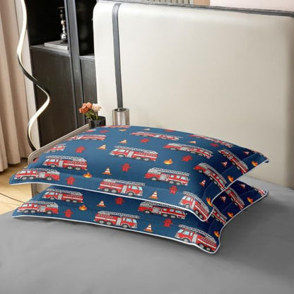 Navy Blue Full Size Fire Truck Duvet Cover Set - 100% Cotton Boys Girls Bedding