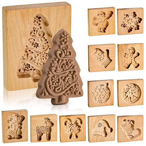Christmas Wooden Cookie Stamp Mold Set - 12 Holiday Patterns for Baking