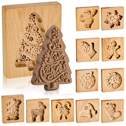 Christmas Wooden Cookie Stamp Mold Set - 12 Holiday Patterns for Baking
