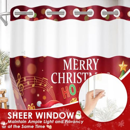 No Hook Christmas Santa Shower Curtain with Snap-in Liner 71x74 Inches - Holiday Bathroom Decor
