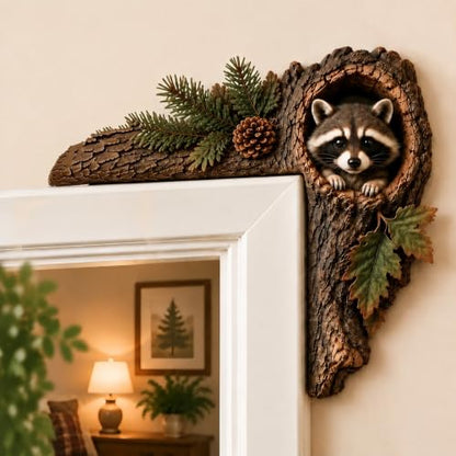 Chipmunk Tree Hollow Door Topper with Squirrel & Owl - Rustic Wooden Door Frame R