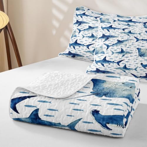 Twin Size Blue Shark and Stingray Quilt Set - Ocean Animal Bedspread for Kids, Blue & White