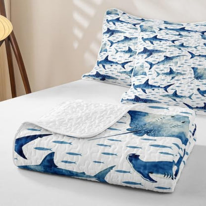 Twin Size Blue Shark and Stingray Quilt Set - Ocean Animal Bedspread for Kids, Blue & White