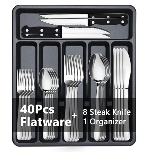 BEWOS 49-Piece Stainless Steel Flatware Set for 8 with Organizer - Includes Knives, Forks & Spoons