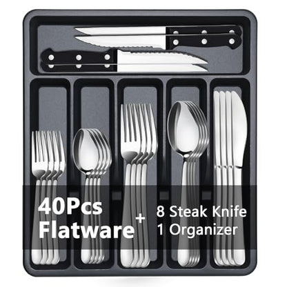 BEWOS 49-Piece Stainless Steel Flatware Set for 8 with Organizer - Includes Knives, Forks & Spoons
