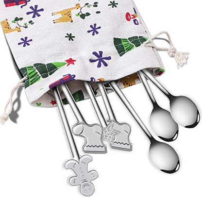 Christmas Stainless Steel Spoons Set - 8 Pieces with Holiday Patterns, Gift & Stocking Fillers