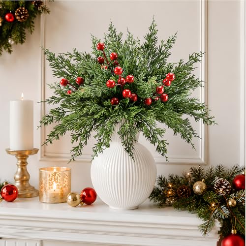 26PCS Artificial Christmas Pine Branches with Red Berry Stems - Holiday Decor