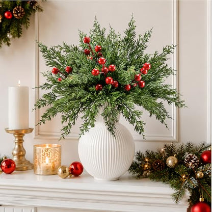 26PCS Artificial Christmas Pine Branches with Red Berry Stems - Holiday Decor