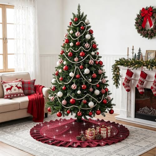 Ruffled Velvet Christmas Tree Skirt Burgundy 36 Inch Holiday Decor