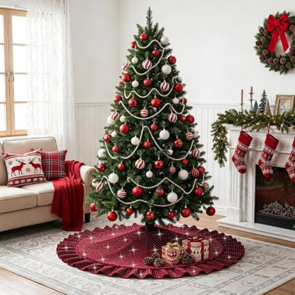Ruffled Velvet Christmas Tree Skirt Burgundy 36 Inch Holiday Decor