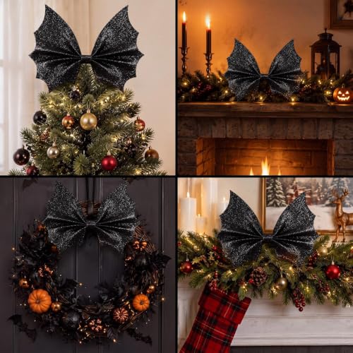 Black Bat Wing Bow Halloween Tree Topper - Spooky Gothic Decor