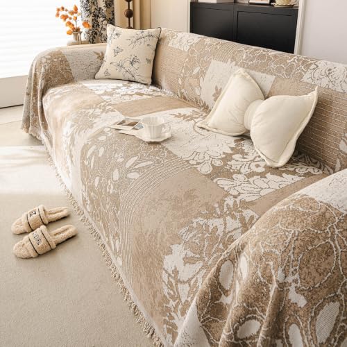 HANDONTIME Vintage Botanical Sofa Cover French Country Floral Couch Cover F:oatmeal 71" x 150"