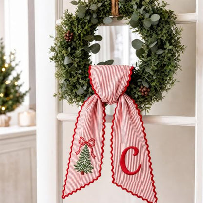 Christmas Wreath Sash for Front Door Red White Striped Fabric Bow with Printed Tree & Letter - Variation C