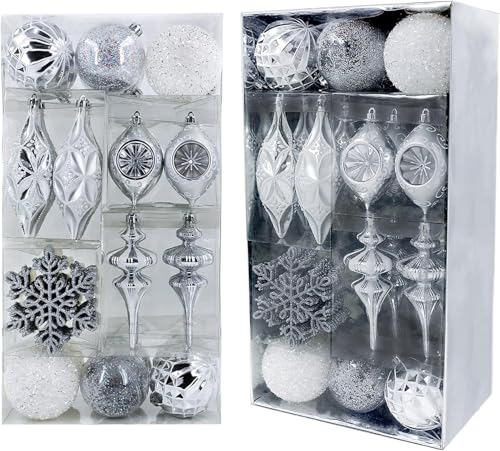 Christmas Tree Ornaments Set 50pcs Snow Queen Theme Silver White Variation