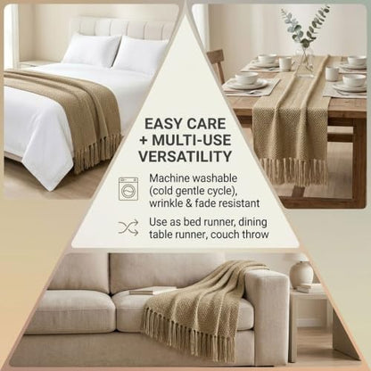 Knit Bed Runner with Tassels - Pink 60x260cm, Fits Twin/Queen/King