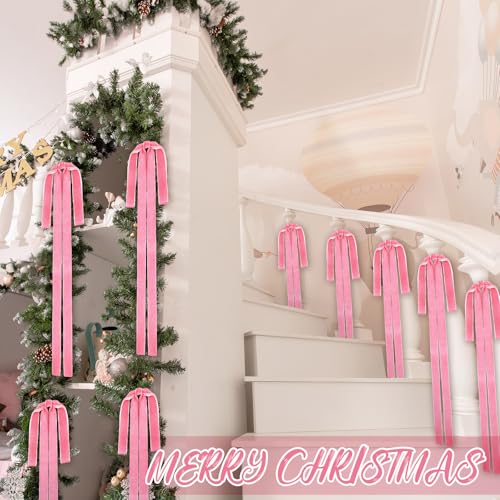 Pink Velvet Christmas Bow Ornaments Set of 6 - Long Holiday Tree Decor
