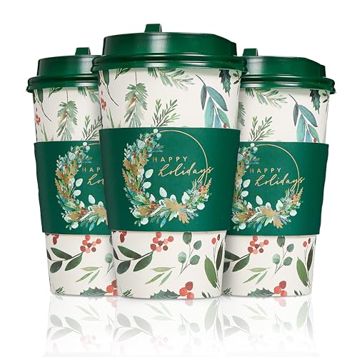 Papyrus Disposable Holiday Foliage Dinner Plates & Cups Set - Elegant Christmas Partyware