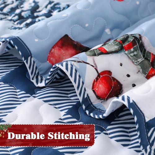 King Size Christmas Quilt Set Blue Buffalo Plaid Bedding with Pillowcases - Seasonal Home Decor