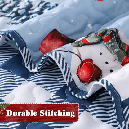 King Size Christmas Quilt Set Blue Buffalo Plaid Bedding with Pillowcases - Seasonal Home Decor