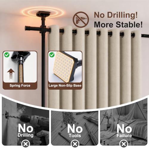 No Drill Room Divider Tension Curtain Rod & 100% Blackout Linen Curtain Set - Natural, 100W x 96L