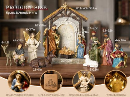 13-Piece Christmas Nativity Scene Set with Lighted Stable and Hand-Painted Figures