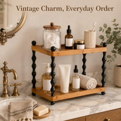 Wooden 2-Tier Bathroom Counter Organizer with Spindle Legs, Vanity Storage Shelf