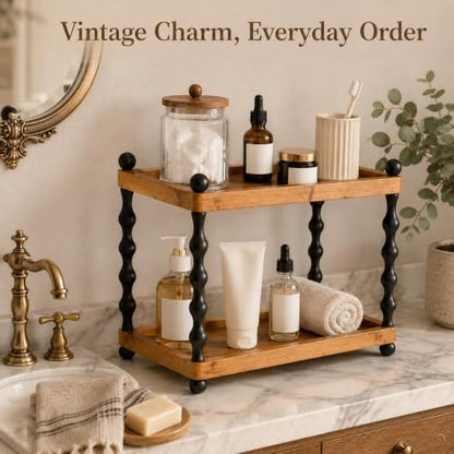 Wooden 2-Tier Bathroom Counter Organizer with Spindle Legs, Vanity Storage Shelf