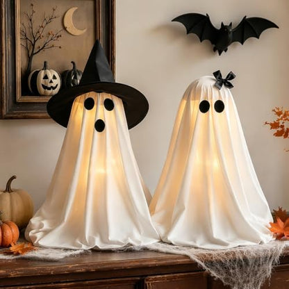 Halloween Ghost Decorations Light-Up Ghosts with Witch Hats Indoor Set