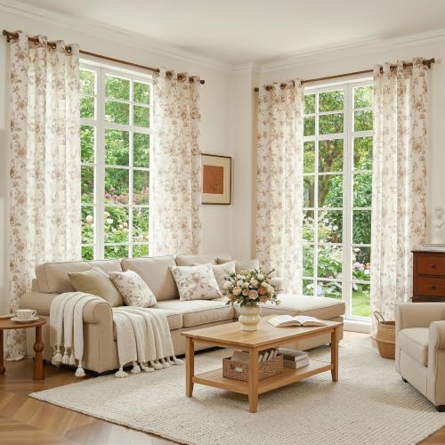 Taupe Vintage Floral Linen Curtains - 52W x 84L Inches, Pack of 2, Semi Sheer