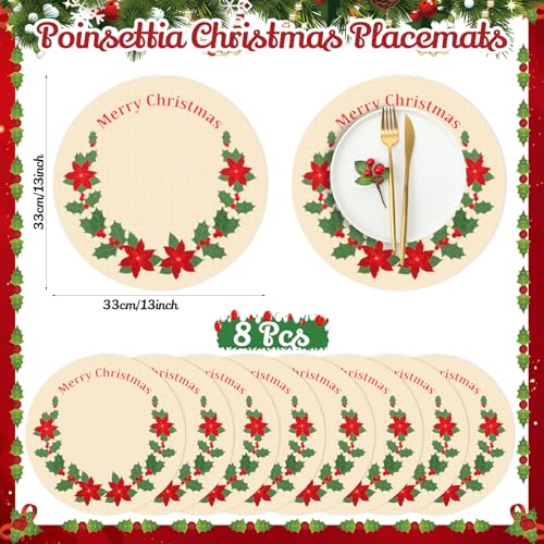 Set of 8 Christmas Poinsettia Round Placemat Protectors - Red & Green Embroidered Table Mats