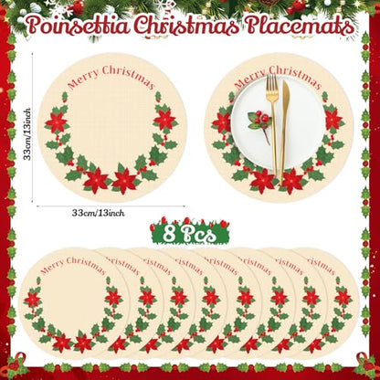 Set of 8 Christmas Poinsettia Round Placemat Protectors - Red & Green Embroidered Table Mats