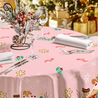 Pink Christmas Round Tablecloth 60x60 Inch Gingerbread House Reindeer Decoration