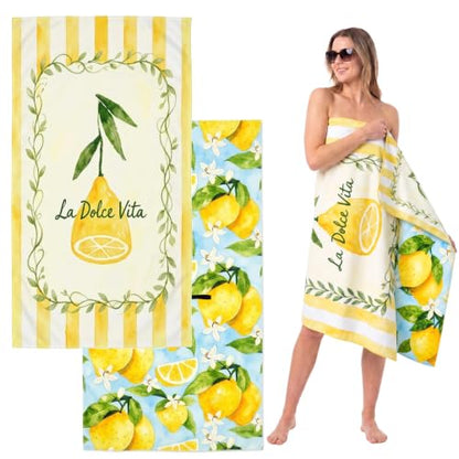 BEAQLIO Double-Sided Lemon Microfiber Beach Towel 71x36 Inches - Quick Dry, Lightweight, Absorbent, Sandproof, Travel & Pool Use - Lemon Variation