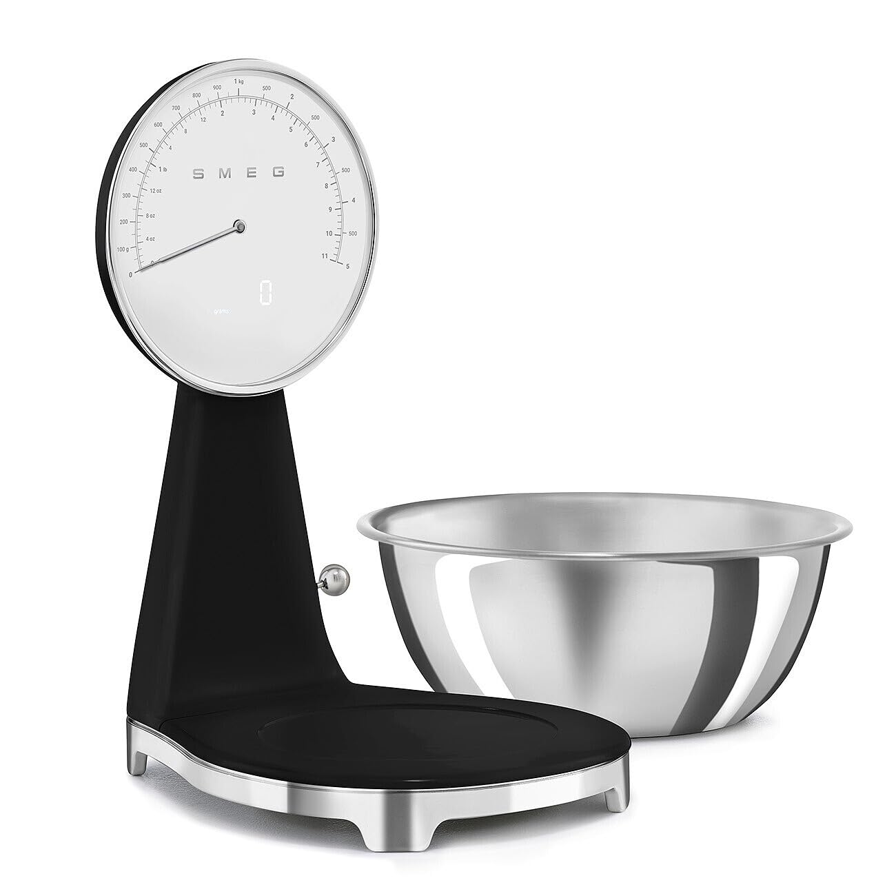 SMEG Retro-Style Kitchen Scale - 11 lb Capacity, Rechargeable Battery, Backlit LCD Display | Black Stainless Steel Bowl