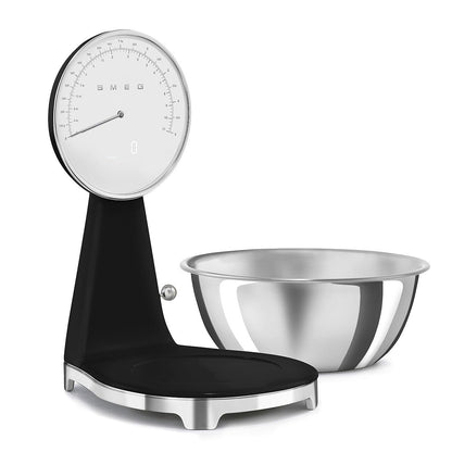 SMEG Retro-Style Kitchen Scale - 11 lb Capacity, Rechargeable Battery, Backlit LCD Display | Black Stainless Steel Bowl