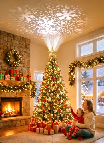 Christmas Tree Topper with Snowflake Projector Light, Gold - Universal Fit