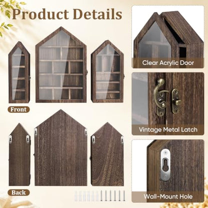 Brown House-Shaped Wooden Trinket Shelf Set with Doors - 3 Pieces