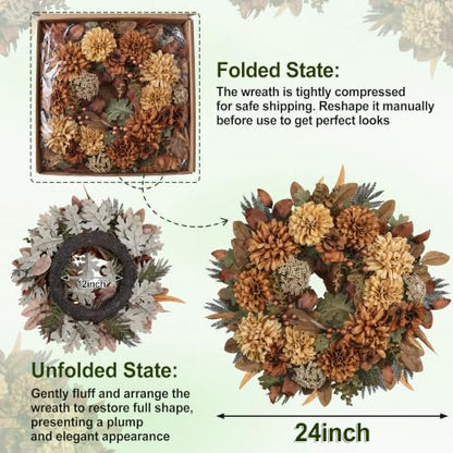 24-Inch Fall Wreath with Mums Dahlias Queen Anne's Lace - Style-5