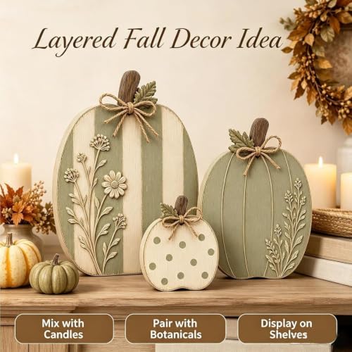 Wooden Pumpkin Decor Set - Rustic Fall Autumn Centerpieces, Sage & Cream