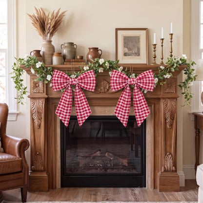 Red Gingham Fabric Sash Wraps for Front Door 2-Pack - 56 Inch Seasonal Decor