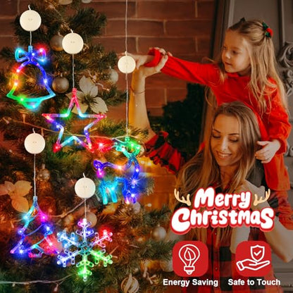 Christmas Window Lights Decorations Multi-Color Battery Operated Bell Snowflake Reindeer Star Set with Suction Cups