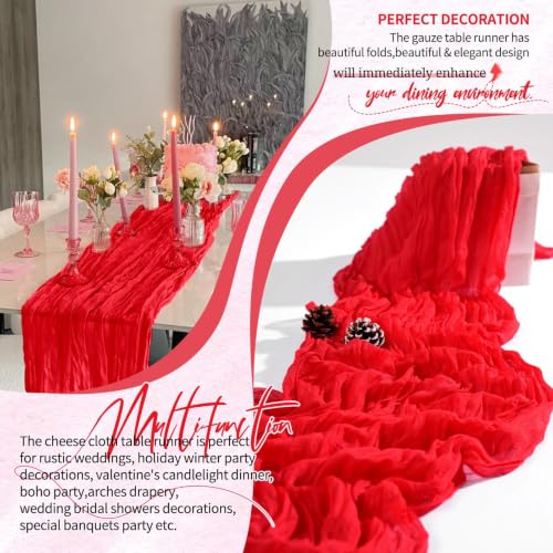 10FT Red Cheesecloth Table Runner for Weddings & Holiday Decor - Rustic Farmhouse Look