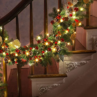 10 Ft Christmas Garland with Lights Pine Cones Berries & Bells Indoor Decor