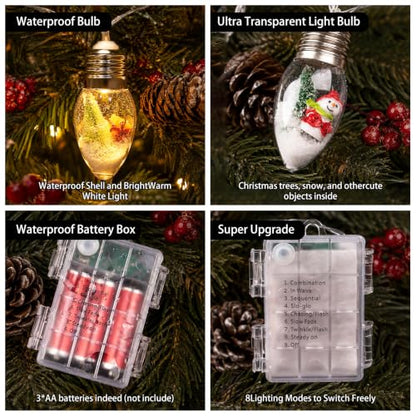 Warm White 6.6FT Christmas Snow Globe String Lights with Ornaments - Indoor/Outdoor Decor