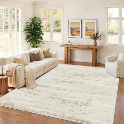 Washable 8x10 Area Rug for Living Room & Bedroom - Beige Ivory Brown Pink